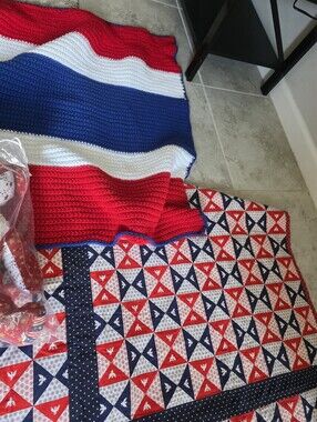 2 Patriotic Blue and Red Quilted Throw Blankets One Crocheted BOTH NEW